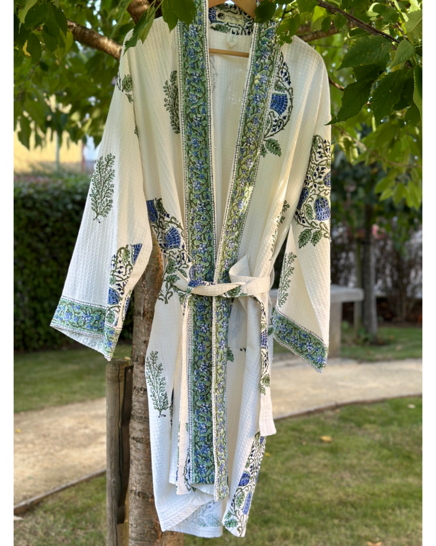 Johri Block Printed Waffle Cotton Bath Robe Kimono Dressing Gown