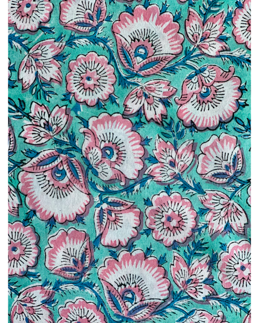 Aqua Bloom Cotton Blockprint Sewing Craft Fabric