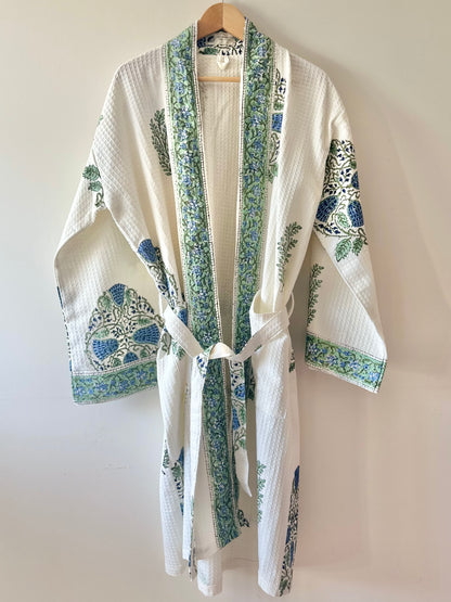 Johri Block Printed Waffle Cotton Bath Robe Kimono Dressing Gown