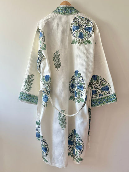 Johri Block Printed Waffle Cotton Bath Robe Kimono Dressing Gown